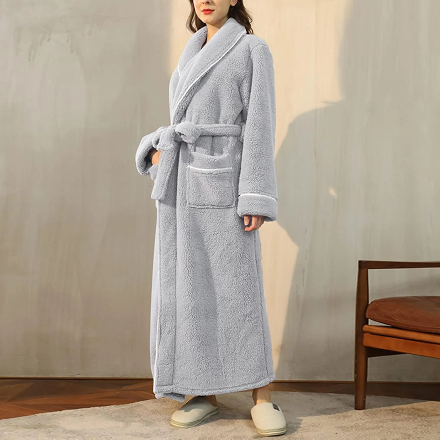 XUNRYAN Womens Robes Thicken Winter Warm Coat Fleece Plush Bathrobes Female Kimono Coat Open Front Cardigans Maxi Long Coat