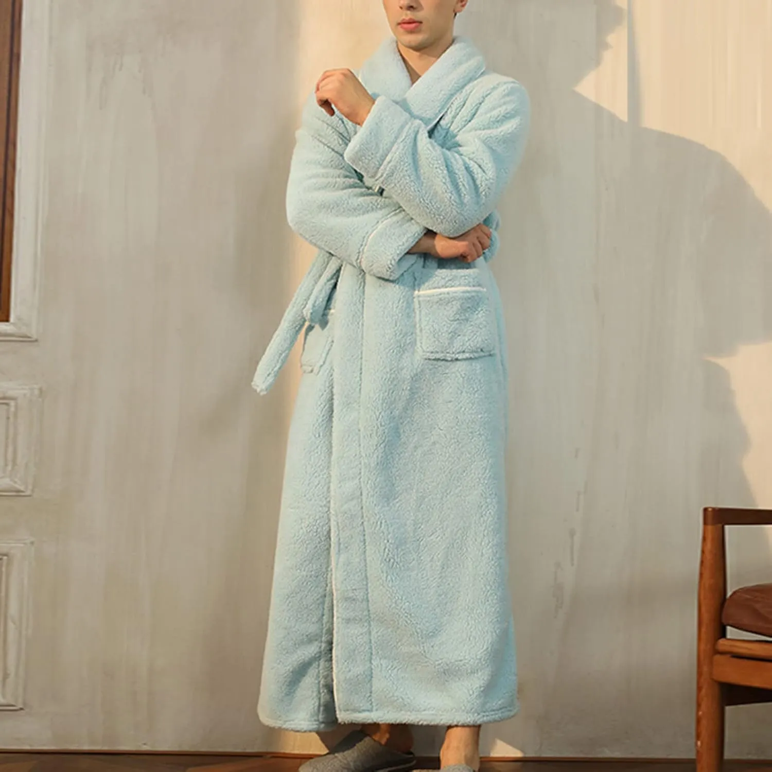 XUNRYAN Womens Robes Thicken Winter Warm Coat Fleece Plush Bathrobes Female Kimono Coat Open Front Cardigans Maxi Long Coat