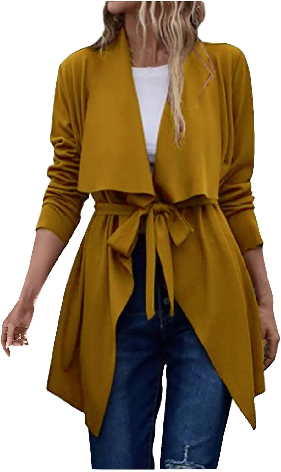 XUNRYAN Women's Trench Coat Long Lapel Blazer Open Front Cardigan Trendy Transition Jackets Casual Fashion Clothes Belted