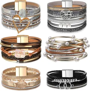 Yinkin 6 Pcs Boho PU Leather Wrap Bracelets for Women Stack Multi Layer Bohemian Cuff Bracelets trendy Jewelry Gifts