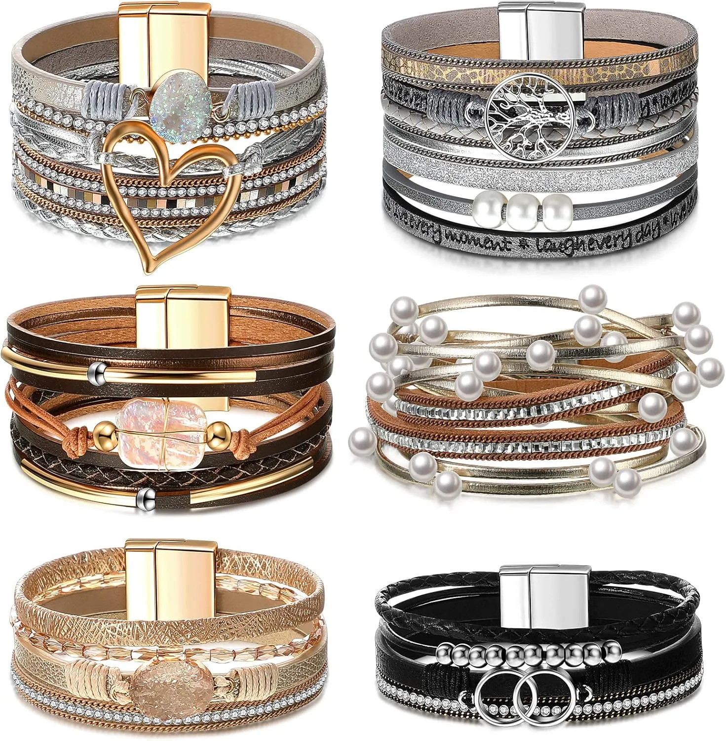 Yinkin 6 Pcs Boho PU Leather Wrap Bracelets for Women Stack Multi Layer Bohemian Cuff Bracelets trendy Jewelry Gifts