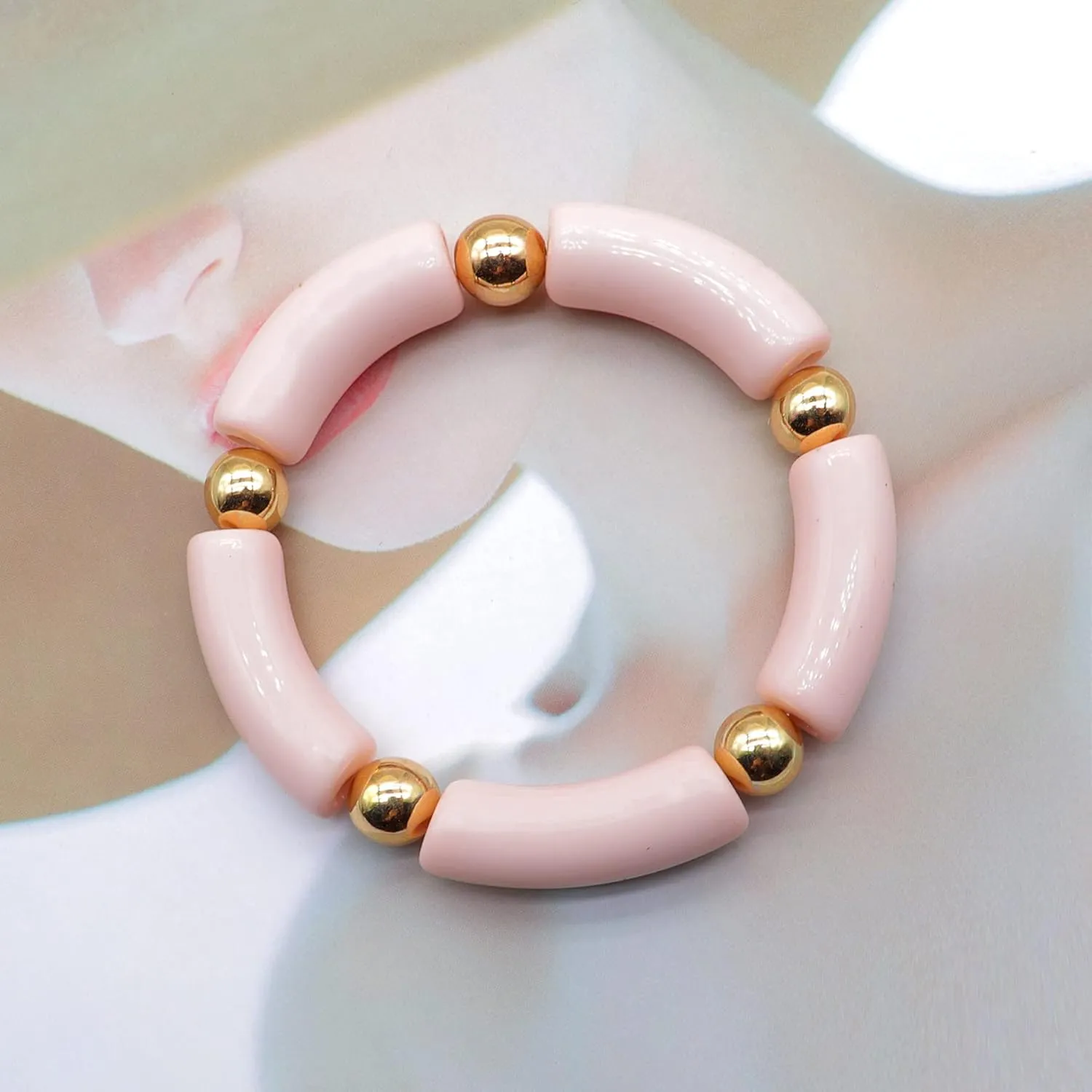 YOOESTORES82 Chunky Bamboo Beaded Acrylic Bracelets, Colorful Curved Resin Stretch Bracelet,Circle Spacer Curved Geometric Bracelet Boho Stretchable Friendship Bracelets