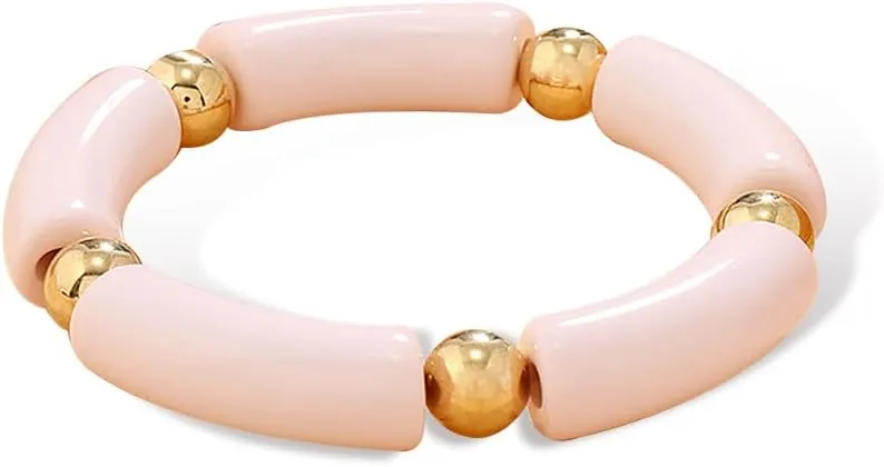 YOOESTORES82 Chunky Bamboo Beaded Acrylic Bracelets, Colorful Curved Resin Stretch Bracelet,Circle Spacer Curved Geometric Bracelet Boho Stretchable Friendship Bracelets