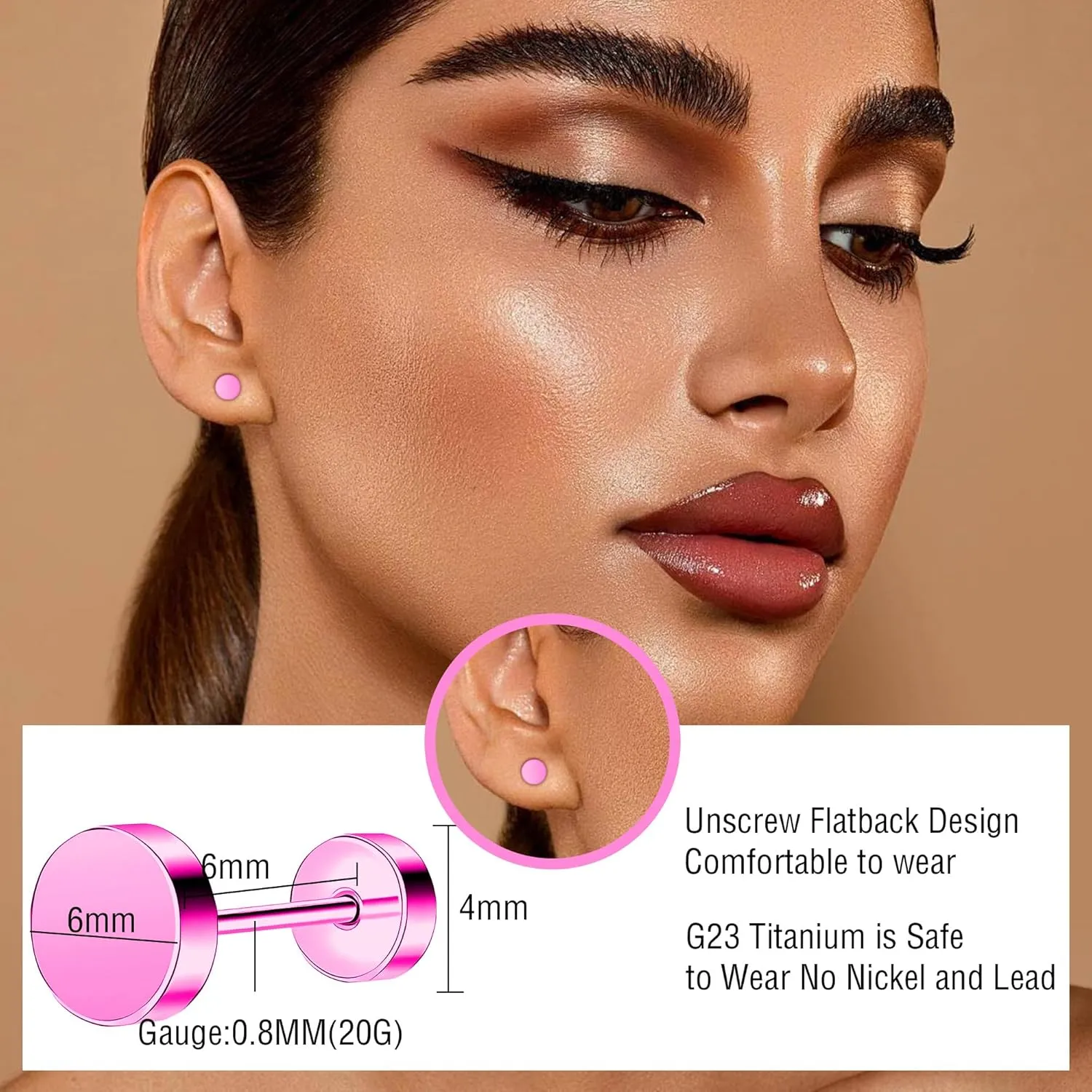 ZDE Women Earrings Flat Back Dot Earrings Titanium Hypoallergenic Cartilage Non-Nickel Earrings Studs for Sensitive Ears Simple Classic 3mm/4mm/5mm/6mm Screw On Stud Earring