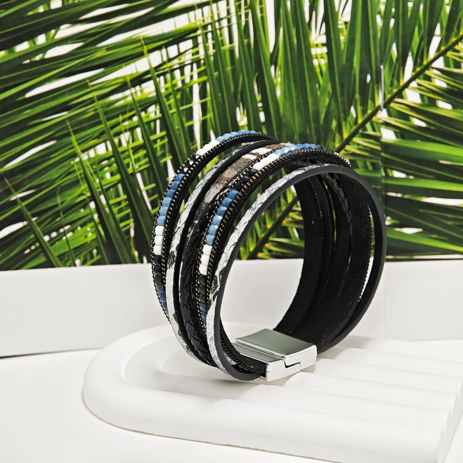 ZMANYIJEW Leather Wrap Bracelets for Women,Boho Cuff Bracelets Multi-Layer Crystal Beads Cuff Bracelet Multilayered Leopard Leather Braided Bangle Wrist Cuff Bangles