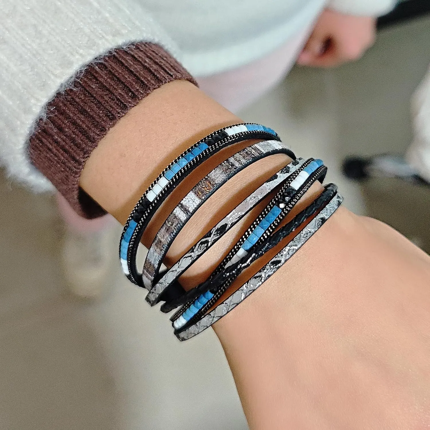ZMANYIJEW Leather Wrap Bracelets for Women,Boho Cuff Bracelets Multi-Layer Crystal Beads Cuff Bracelet Multilayered Leopard Leather Braided Bangle Wrist Cuff Bangles