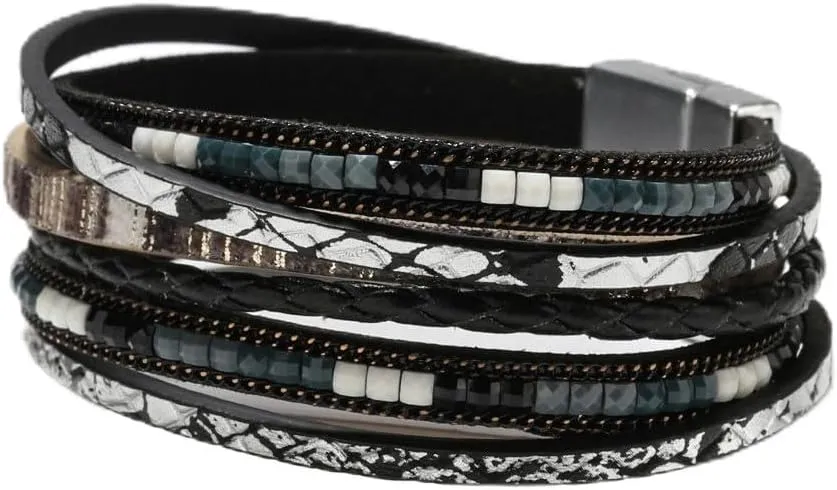ZMANYIJEW Leather Wrap Bracelets for Women,Boho Cuff Bracelets Multi-Layer Crystal Beads Cuff Bracelet Multilayered Leopard Leather Braided Bangle Wrist Cuff Bangles