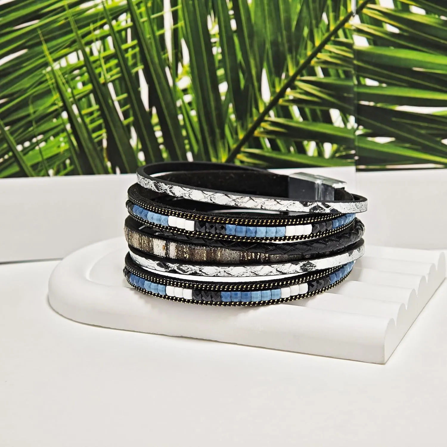 ZMANYIJEW Leather Wrap Bracelets for Women,Boho Cuff Bracelets Multi-Layer Crystal Beads Cuff Bracelet Multilayered Leopard Leather Braided Bangle Wrist Cuff Bangles