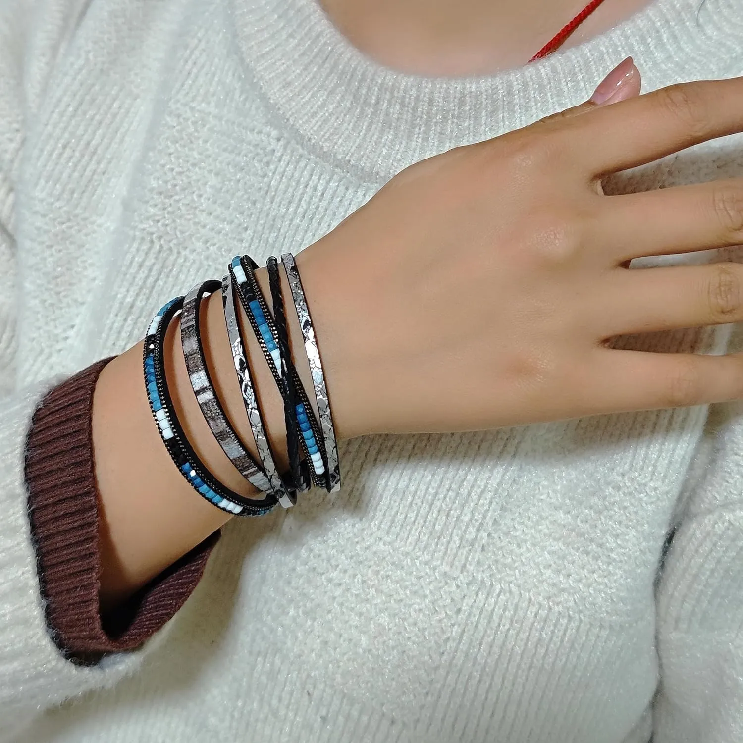 ZMANYIJEW Leather Wrap Bracelets for Women,Boho Cuff Bracelets Multi-Layer Crystal Beads Cuff Bracelet Multilayered Leopard Leather Braided Bangle Wrist Cuff Bangles