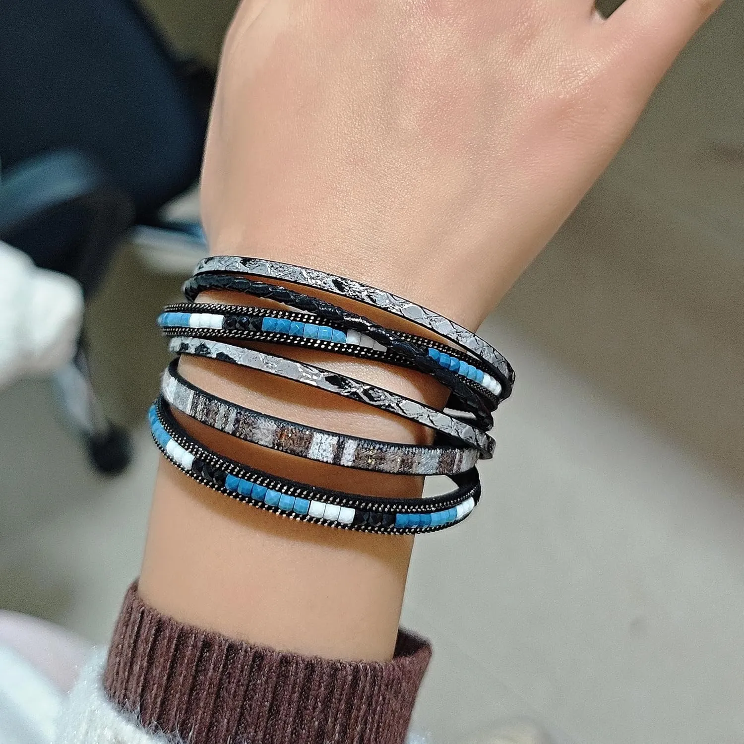 ZMANYIJEW Leather Wrap Bracelets for Women,Boho Cuff Bracelets Multi-Layer Crystal Beads Cuff Bracelet Multilayered Leopard Leather Braided Bangle Wrist Cuff Bangles