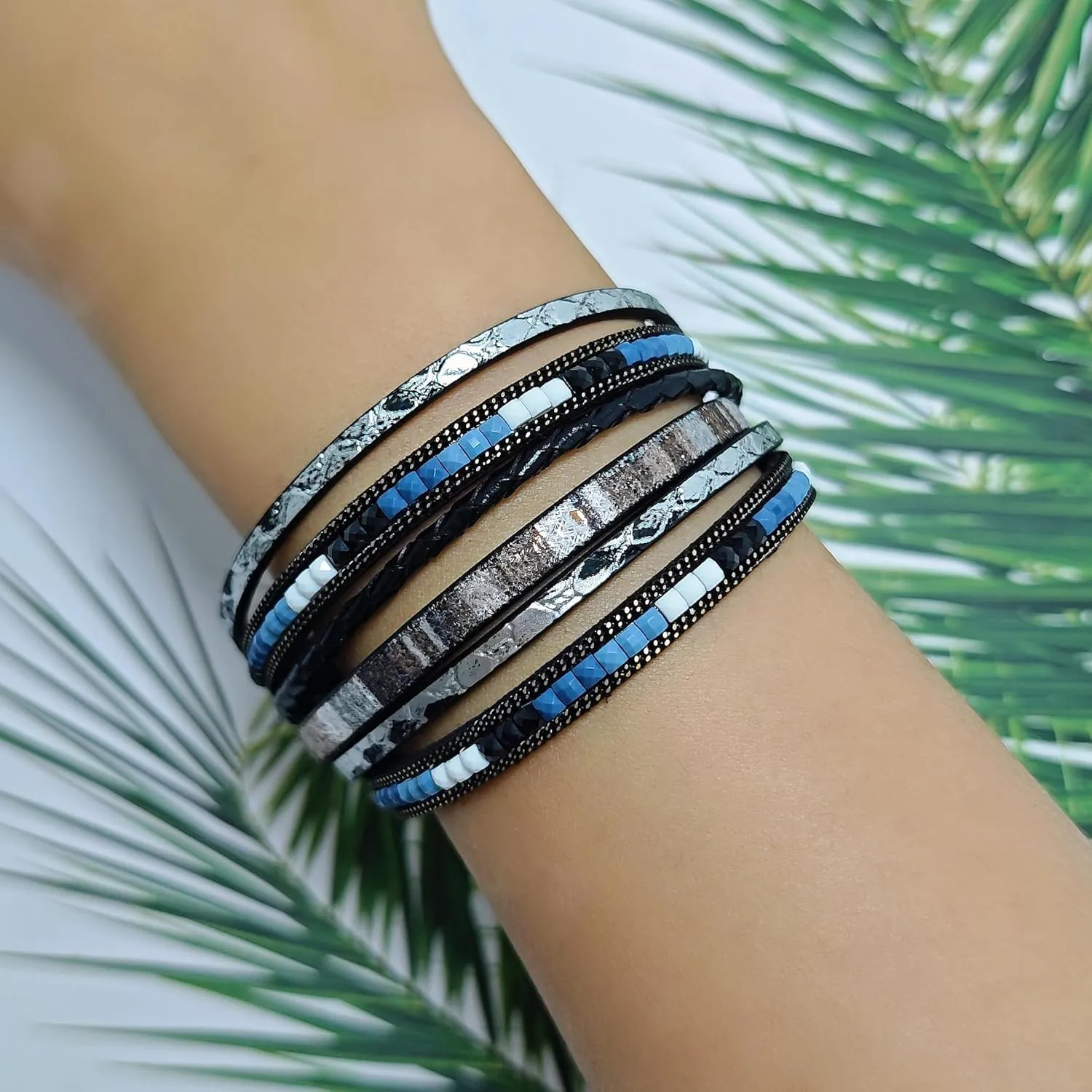 ZMANYIJEW Leather Wrap Bracelets for Women,Boho Cuff Bracelets Multi-Layer Crystal Beads Cuff Bracelet Multilayered Leopard Leather Braided Bangle Wrist Cuff Bangles