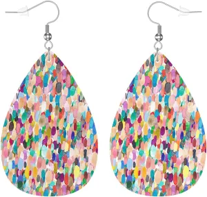 Zokola Colored Spots Cute Dangle Earrings, Watercolor Confetti Dots Paint Lightweight Leather Earrings Teardrop Leaf Earrings Jewelry Women Teen Friends