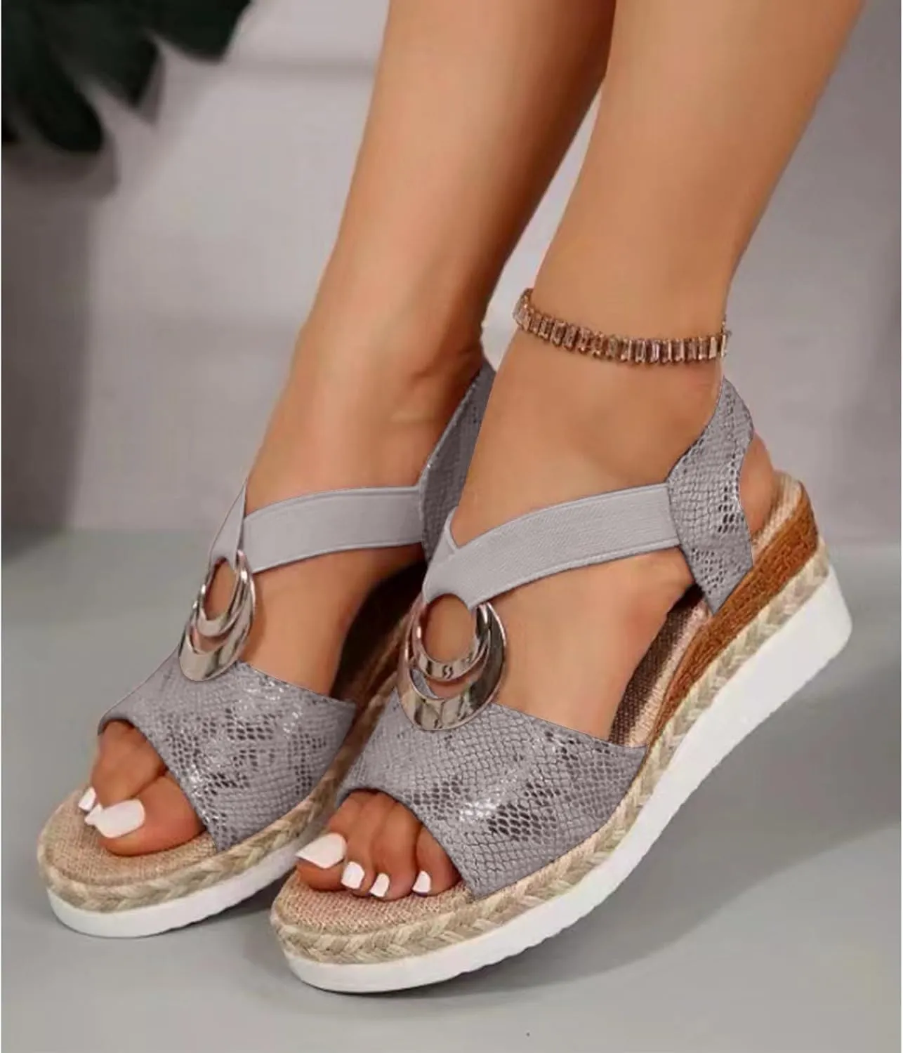 ZWRXW Orthopedic Platform Wedge Sandals for Women Open Toe Ankle Strap Espadrilles Sandals Comfortable Arch Support Wedge Sandal Casual & Dressy Summer Shoes with Metal Buckle